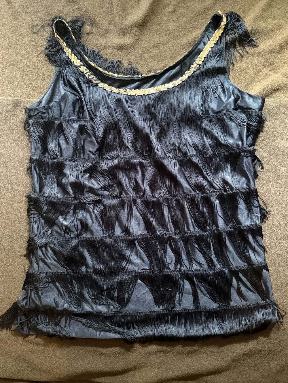 Forum Novelties Flapper Fringe Tank Top Black Gold Sequin Size XL